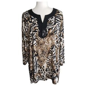 JM Collection Tunic Black Embellished Neckline Animal Print Size 2X.